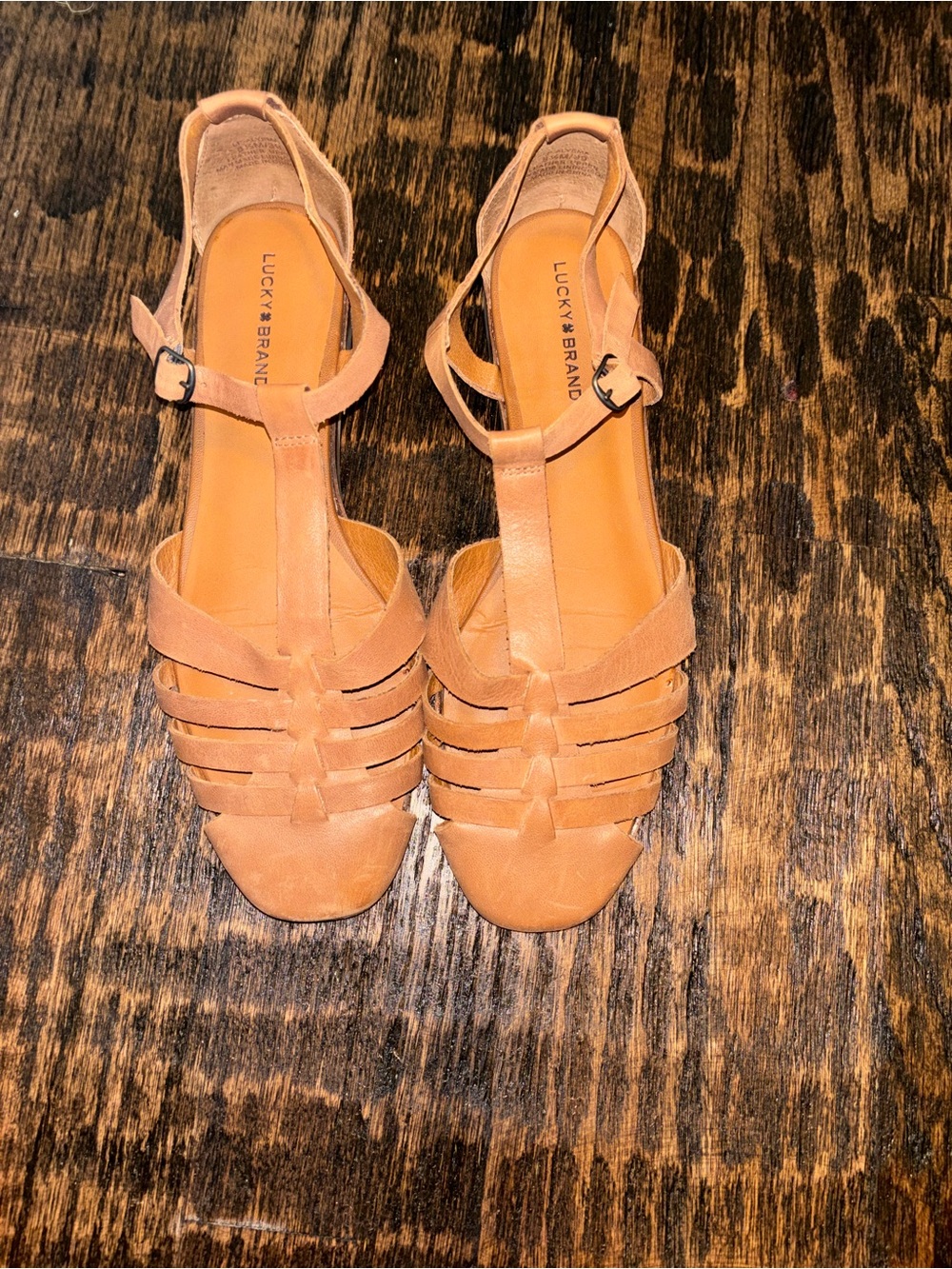Lucky Brand Cognac Strappy T‑Bar Heels